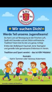 Unsere Jugendabteilung sucht Verstärkung 💪🏼

Um unsere bestehenden Mannschaften zu verstärken oder vllt. sogar neue aufzubauen brauchen wir euch 🫵🏼

Schnupper gerne mal rein, lern die Jungs & Mädels kennen und komm in ein tolles Team 🎉🙌🏼

Bei Interesse meldet euch gern bei 
@tammen_katrin oder @vanessaackermann 

#kbvmiddels #boßelnistmeinsport #mehralsnureinhobby #spaß #team