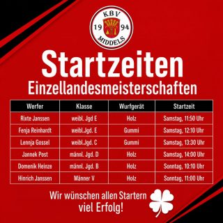 Landeseinzelmeisterschaften 2026 ♥️🖤🤍

An diesem Wochenende finden die Landeseinzelmeisterschaften in Dietrichsfeld, KV Aurich statt. Insgesamt 6 Werferinnen und Werfer vertreten den KBV Middels. Wir wünschen allen Starter-/innen viel Erfolg 🍀