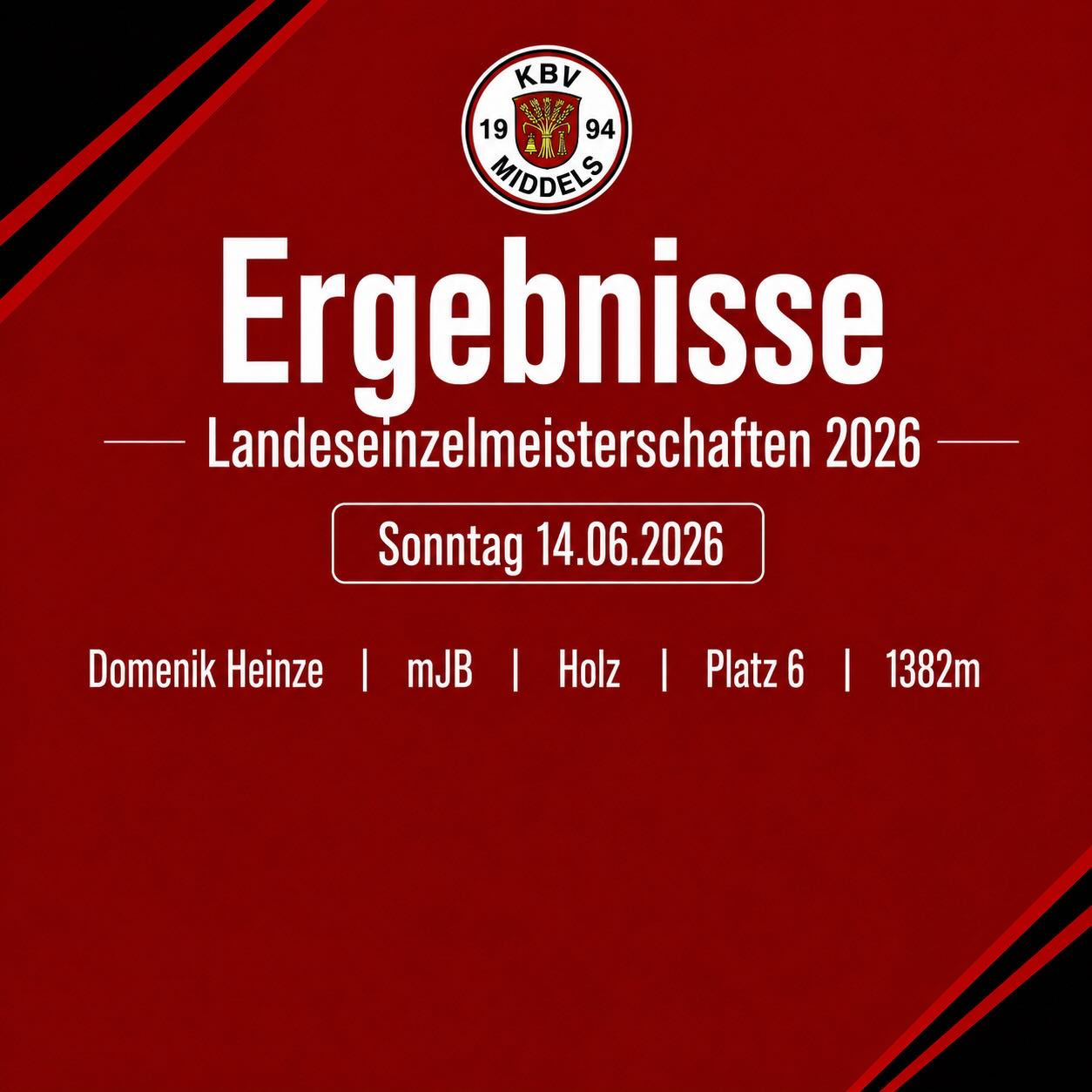 Landeseinzelmeisterschaften 2026 ⚫️🔴

Hier das Ergebnis von Sonntag, 14.06.2026.
 
 Domenik Heinze konnte sich in der männlichen Jugend B mit einer super Leistung den 6. Platz mit der Holzkugel sichern. Herzlichen Glückwunsch zu diesem Erfolg ☺️ 🍀