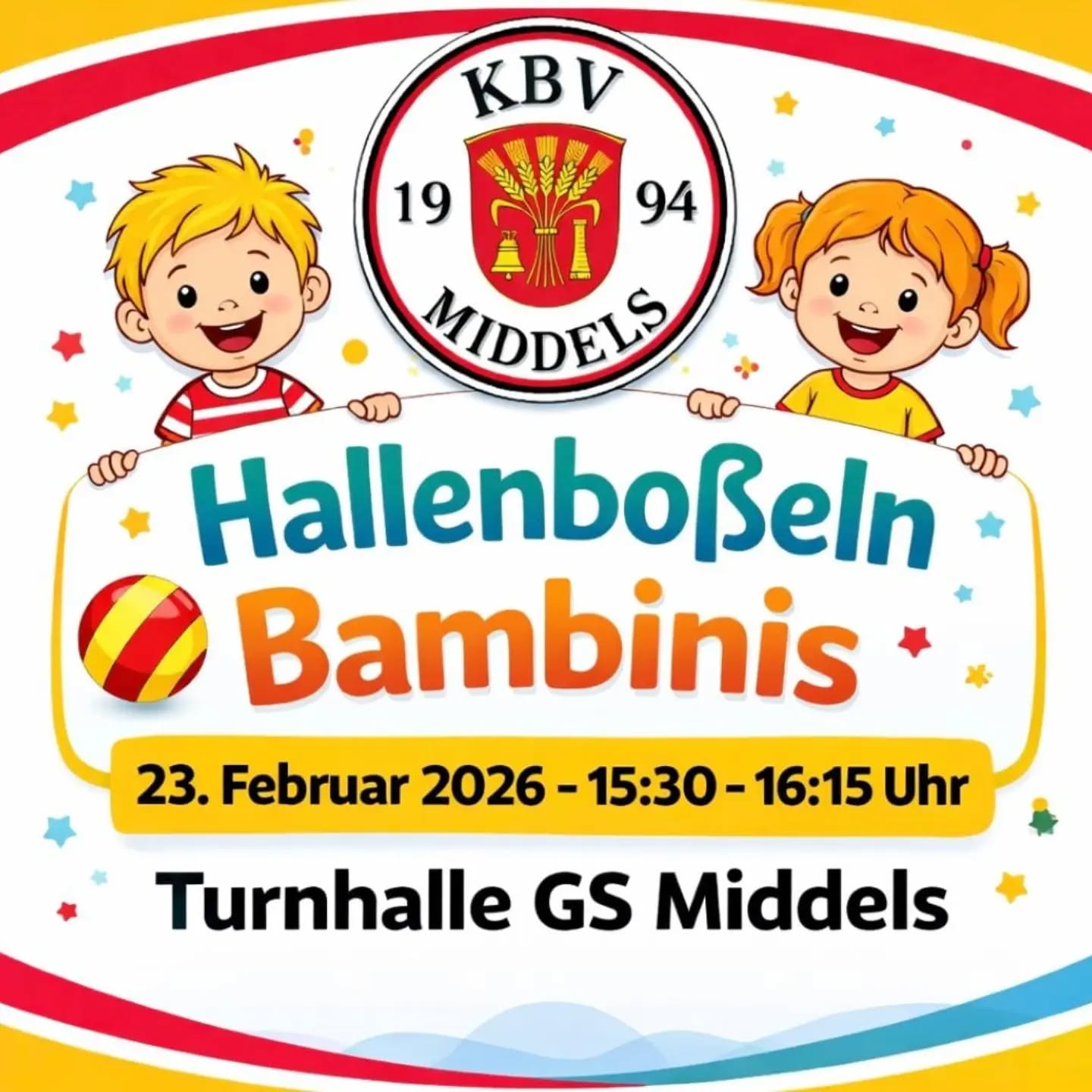 ⚫ 🔴  Boßelkugel schnappen und los geht’s!

Spiel, Bewegung und ganz viel Spaß beim Hallenboßeln für unsere Bambinis.

💛 Wir freuen uns auf euch!

#hallenboßeln #bambinis #kbvmiddels #kindersport
#vereinsleben
