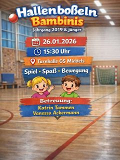 👉🏼 Kids aufgepasst 👈🏼 

Unsere Jugendbetreuer haben sich was tolles überlegt und veranstalten ein Hallenboßeln - mit Spiel, Spaß & Action!

Kommt gerne vorbei und schnuppert in den Boßelsport rein! 😊
Vielleicht werdet ihr ja unsere neue Bambini-Mannschaft? 😍

Falls ihr noch Fragen dazu habt, meldet euch gern bei @tammen_katrin oder @vanessaackermann 

#kbvmiddels #jugendarbeit #vonkleinauf #boßelnistmehralsnureinhobby #middels