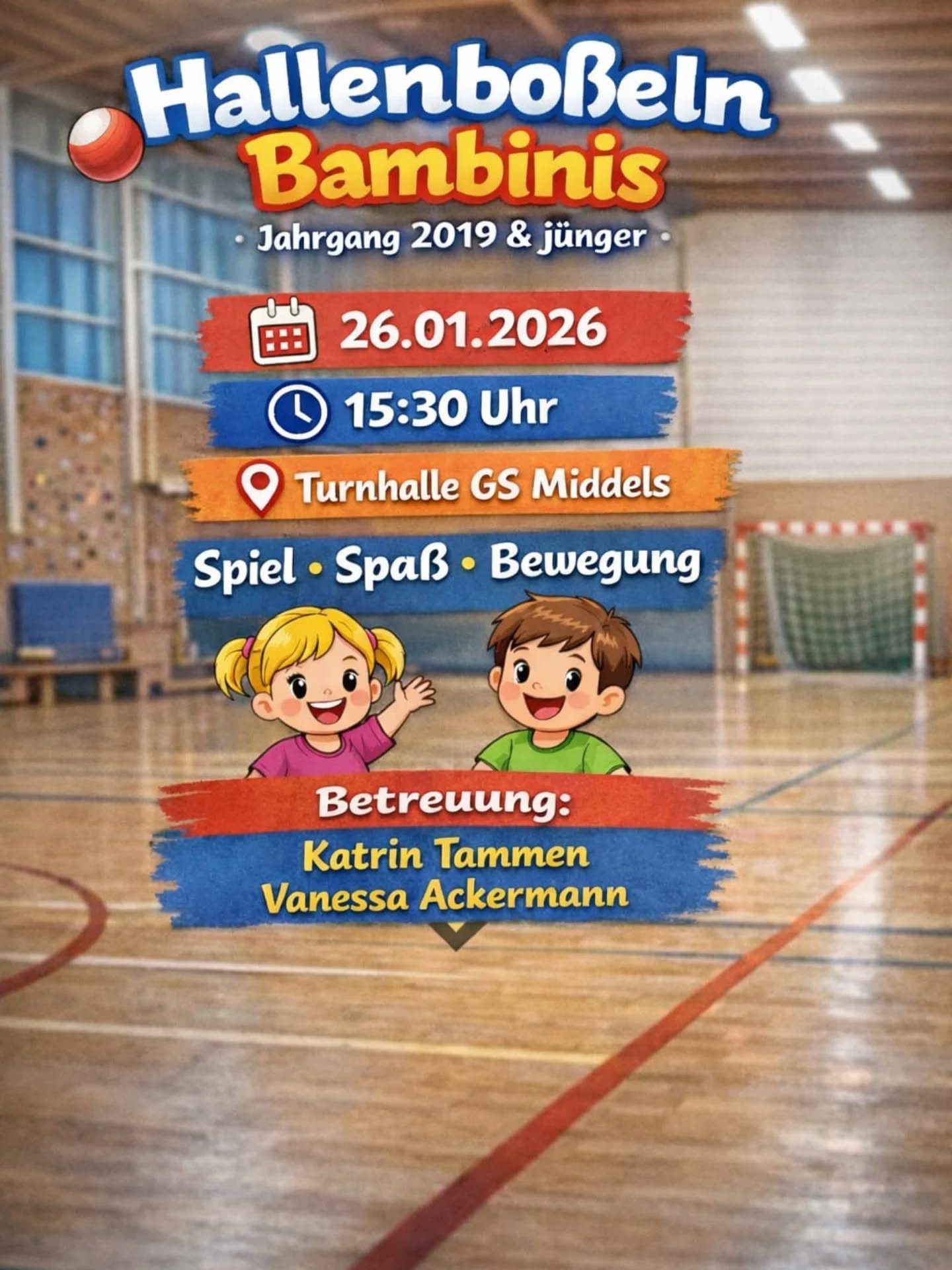 👉🏼 Kids aufgepasst 👈🏼 

Unsere Jugendbetreuer haben sich was tolles überlegt und veranstalten ein Hallenboßeln - mit Spiel, Spaß & Action!

Kommt gerne vorbei und schnuppert in den Boßelsport rein! 😊
Vielleicht werdet ihr ja unsere neue Bambini-Mannschaft? 😍

Falls ihr noch Fragen dazu habt, meldet euch gern bei @tammen_katrin oder @vanessaackermann 

#kbvmiddels #jugendarbeit #vonkleinauf #boßelnistmehralsnureinhobby #middels