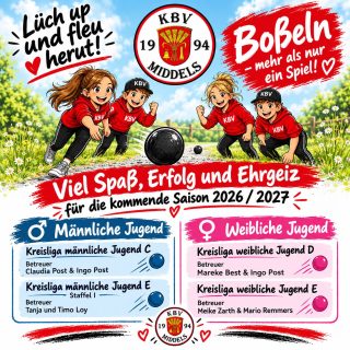Auf geht’s in die Saison 2026/2027! ⚫🔴

Liebe Kids & liebe Betreuer/innen,

wir wünschen euch von Herzen viel Erfolg, starke Nerven, ganz viel Freude und natürlich das allerbeste Boßelwetter! 🔆

Habt gemeinsam eine tolle Zeit, habt Spaß und genießt die kommende Saison! Wir sind stolz auf euch und drücken euch die Daumen! 🍀

Lüch up un fleu herut! ⚫🔴